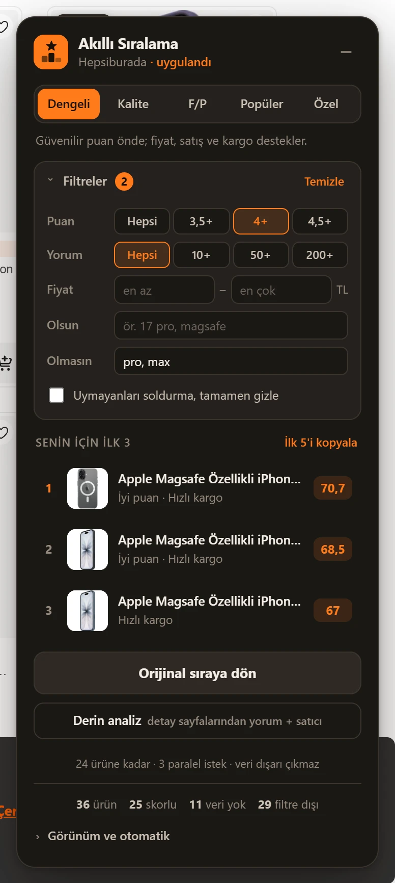 Eklenti paneli yakın çekim: sıralama modları, filtreler, ilk üç ürün, derin analiz düğmesi ve istatistikler.